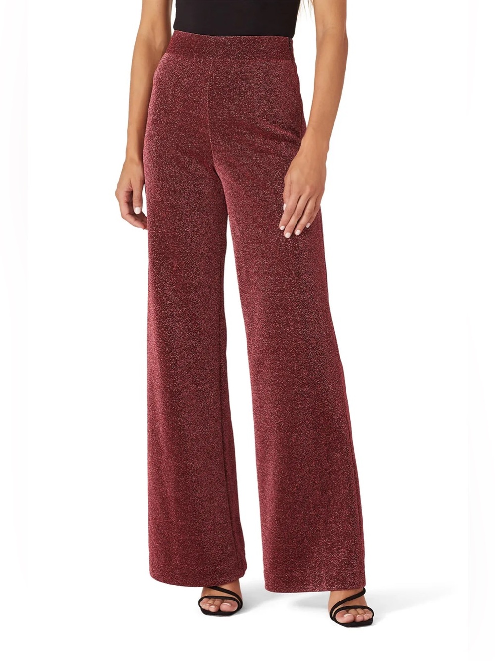 Davi & Dani High-Waisted Glitter Shimmery Going Out Disco Pants Maroon Red SizeM